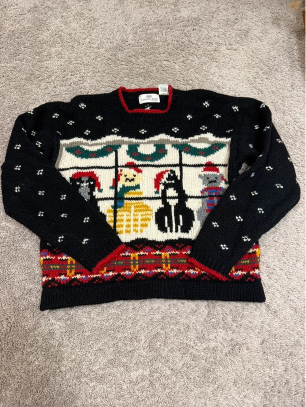 1990s Vintage Carroll Reed 100% Wool Christmas Cat Sweater Santa Ugly Xmas
